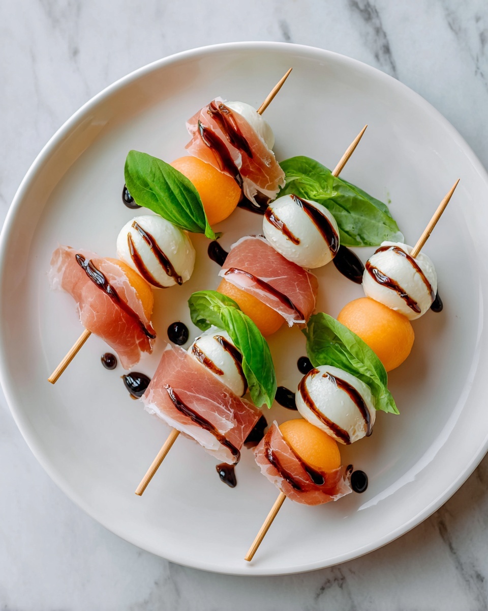 The image shows a white plate with three skewer bites, each with four layers: a bright orange melon ball at the bottom, followed by a thin, folded layer of pink prosciutto, a fresh green basil leaf, and a white mozzarella ball with brown balsamic glaze drizzled on top. The skewer sticks are wooden, and the plate sits on a white marbled surface. The colors are bright and fresh, with smooth melon, soft prosciutto, crisp basil, and creamy mozzarella textures clearly visible. Photo taken with an iphone --ar 4:5 --v 7