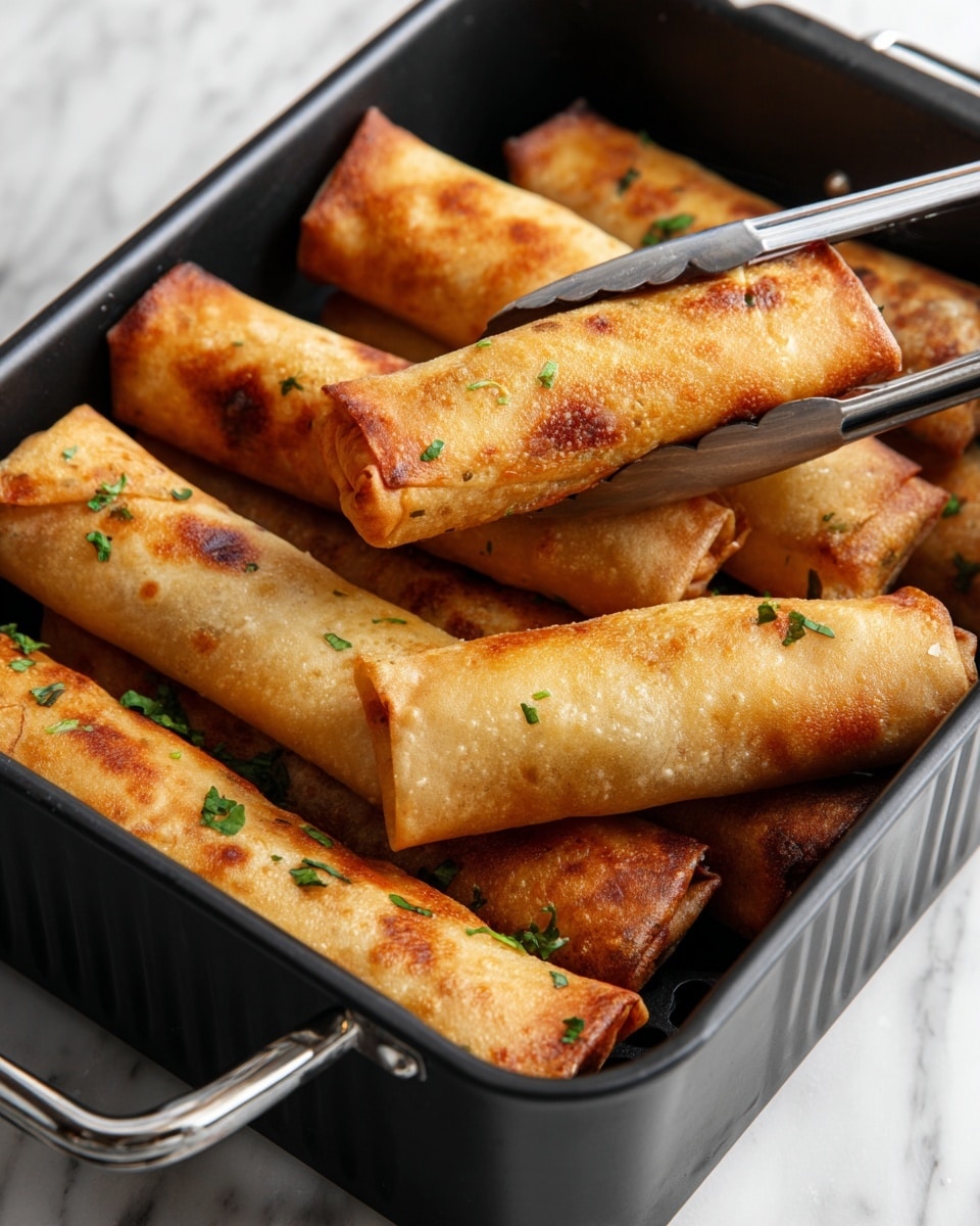 A black cooking basket filled with several golden brown, rectangular spring rolls. The spring rolls have a smooth, crispy surface with small patches of darker brown from being cooked. A few pieces have small green chopped herb bits on top for garnish. One spring roll is held by metal tongs near the center, showing its texture closely. The cooking basket has a ridged bottom, and the whole scene sits on a white marbled surface. photo taken with an iphone --ar 4:5 --v 7