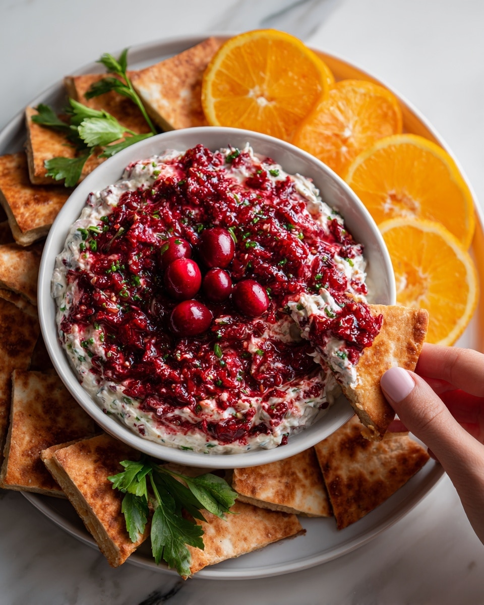 The image shows a close-up view of a white plate holding a layered dip. The bottom layer is creamy and white, topped with a chunky, red mixture that looks like finely chopped cranberries and herbs spread evenly over the cream. On top of this layer are a few whole cranberries used as garnish. Around the dip on the plate are triangular toasted flatbreads. A woman's hand is seen holding one of the flatbreads, dipping it into the creamy layer covered with the red mixture. There are bright orange slices and sprigs of green cilantro arranged decoratively on the white marbled surface beside the plate. Photo taken with an iphone --ar 4:5 --v 7