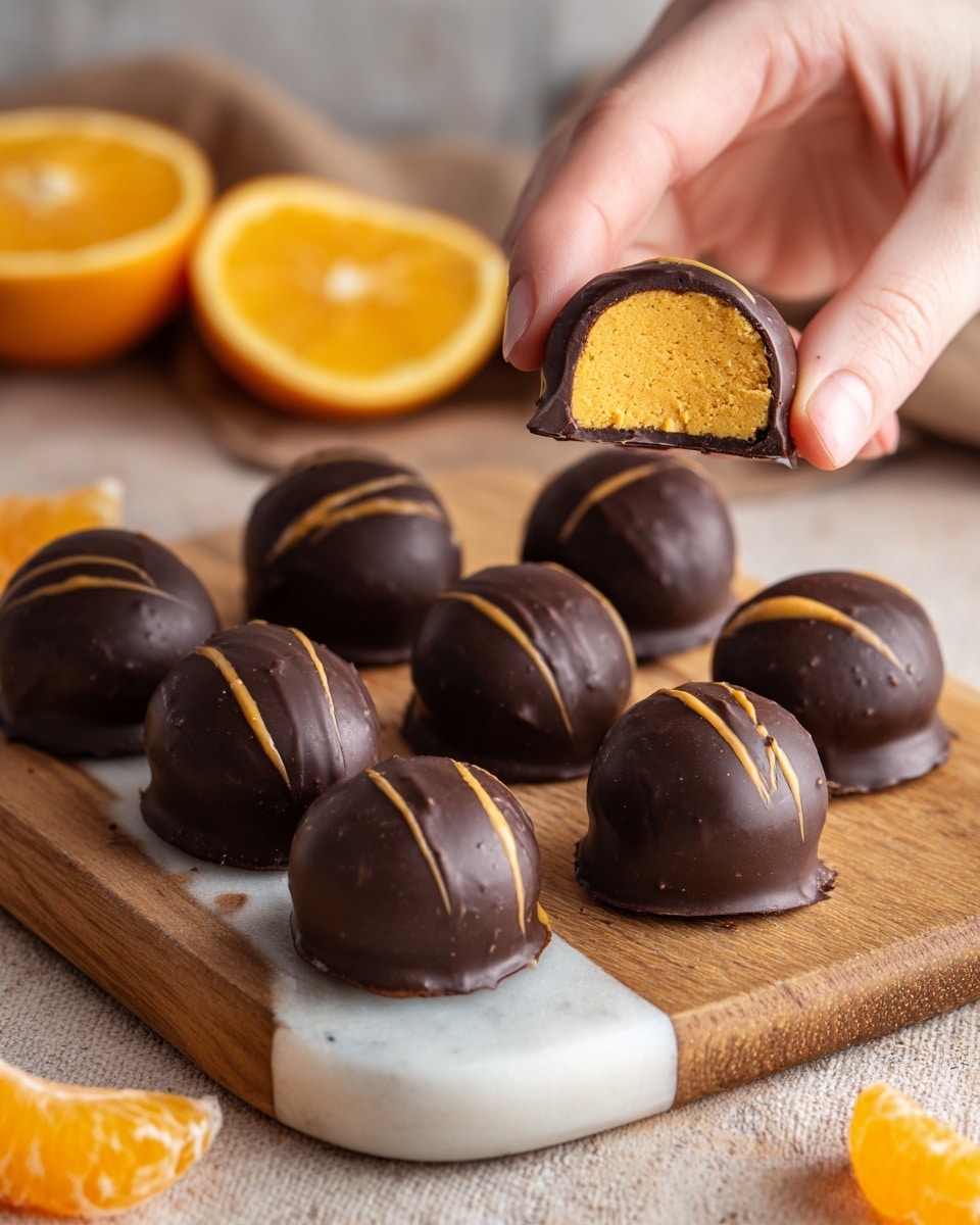The image shows a white marbled surface with a light wooden board on top holding twelve round chocolate-covered sweets arranged in three rows of four. Each sweet is glossy dark brown with a small crack or slit revealing a bright orange filling inside. One of the sweets on the top right is held by a woman's hand, showing a cross-section with a thick, smooth orange center and a thin chocolate outer layer. In the background, there are some orange slices partially visible. Photo taken with an iphone --ar 4:5 --v 7