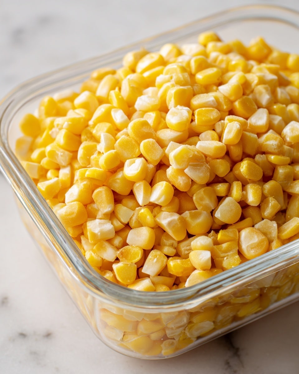 The image shows a close-up of a clear container filled halfway with small, bright yellow corn kernels that have a slightly frosty texture. The kernels are piled so that the top layer forms an uneven mound. The container rests on a visible edge of a white marbled surface that is not the main focus but hints at its texture. The light softly reflects off the kernels, giving them a fresh, slightly shiny look. photo taken with an iphone --ar 4:5 --v 7