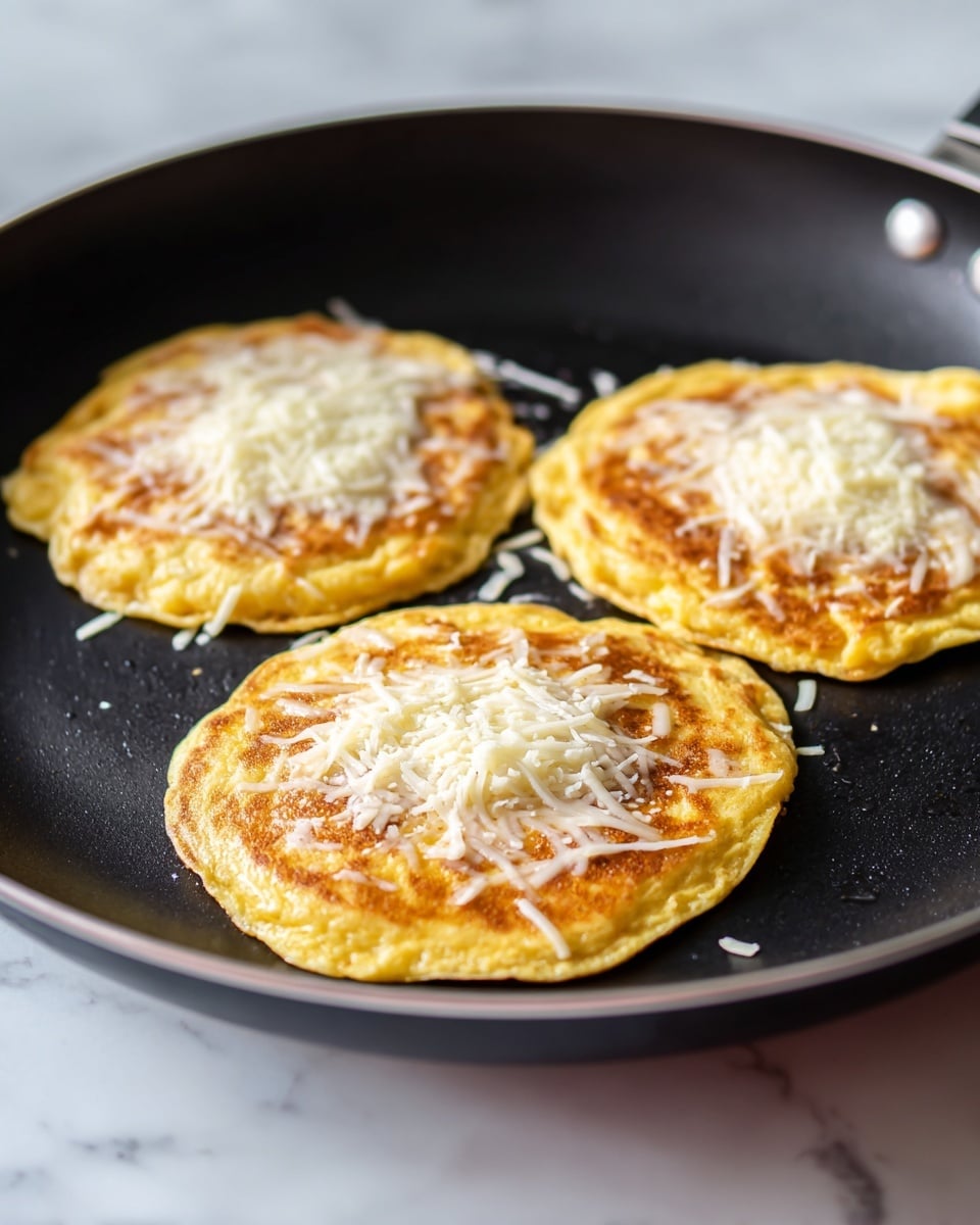 Three flat, round yellow patties with a slightly crispy, browned bottom layer are cooking on a black flat pan. Each patty has a thin layer of white melted cheese spread unevenly on the top, with some cheese strands dripping down the sides. The patties have a soft, slightly rough texture, and the black pan contrasts with the warm yellow and white colors. The background shows a soft light coming from behind, and the pan rests on a white marbled surface photo taken with an iphone --ar 4:5 --v 7