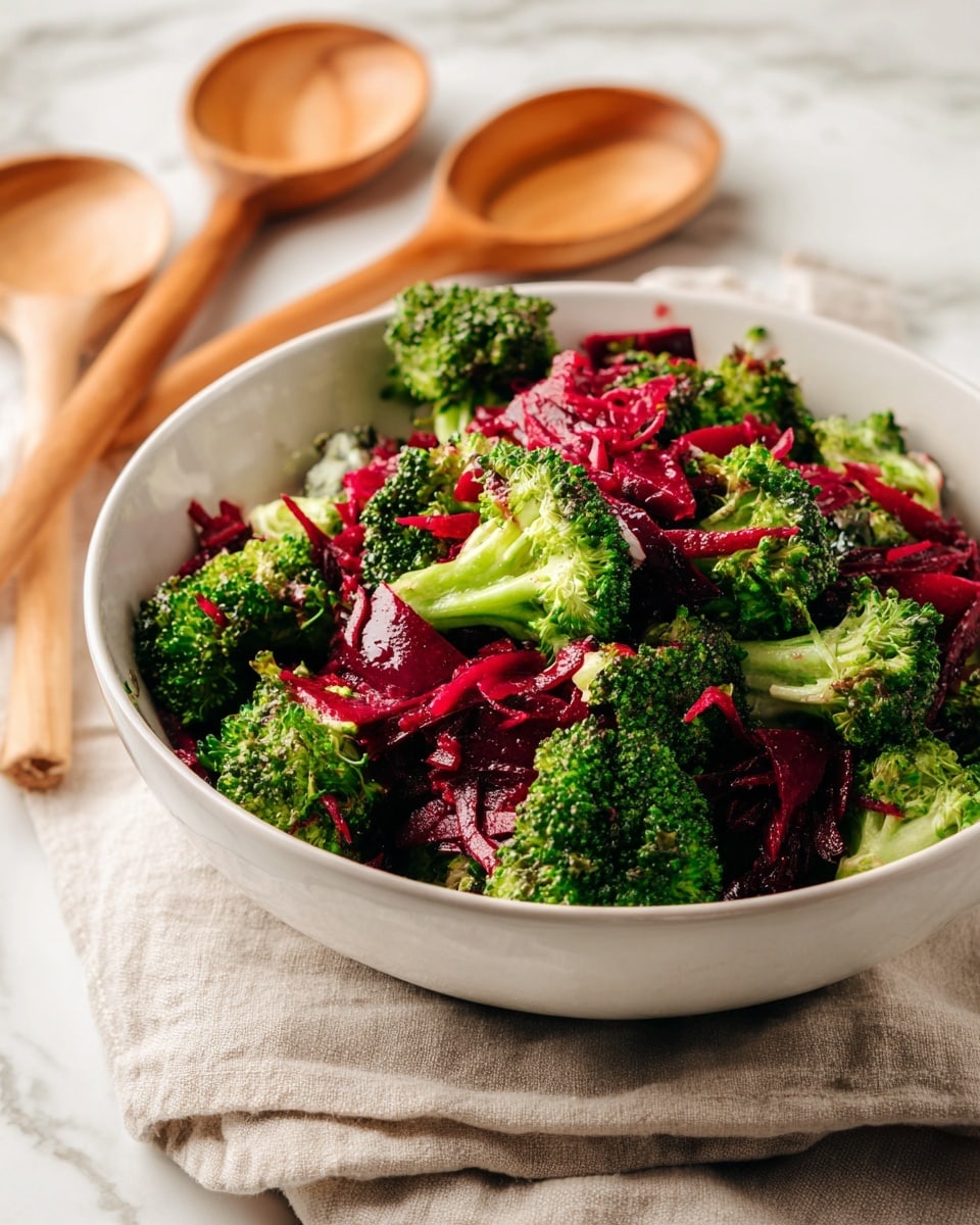 A white bowl filled with a fresh salad made of two main layers: bright green broccoli florets with a slightly bumpy texture sit mixed with deep red shredded beets that have a moist, fibrous look. The salad is piled high, showing a mix of unevenly sized pieces with the green and red colors blending naturally. The bowl rests on a beige cloth on a white marbled surface, and in the background, there are two wooden spoons with smooth light brown handles, adding a warm contrast. photo taken with an iphone --ar 4:5 --v 7
