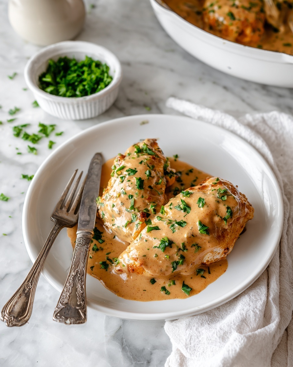 On a white plate, there are two pieces of cooked chicken covered with a thick, creamy light brown sauce. The sauce is smooth, slightly textured, and spread evenly over the chicken. Small green chopped herbs are sprinkled on top, adding a fresh look. A fork and knife with old-fashioned silver handles are placed resting together on the left side of the plate. In the background, a white pan holds more sauce-covered chicken. The whole setting is on a white marbled surface with a small white bowl of chopped green herbs and a white cloth napkin nearby. Photo taken with an iphone --ar 4:5 --v 7