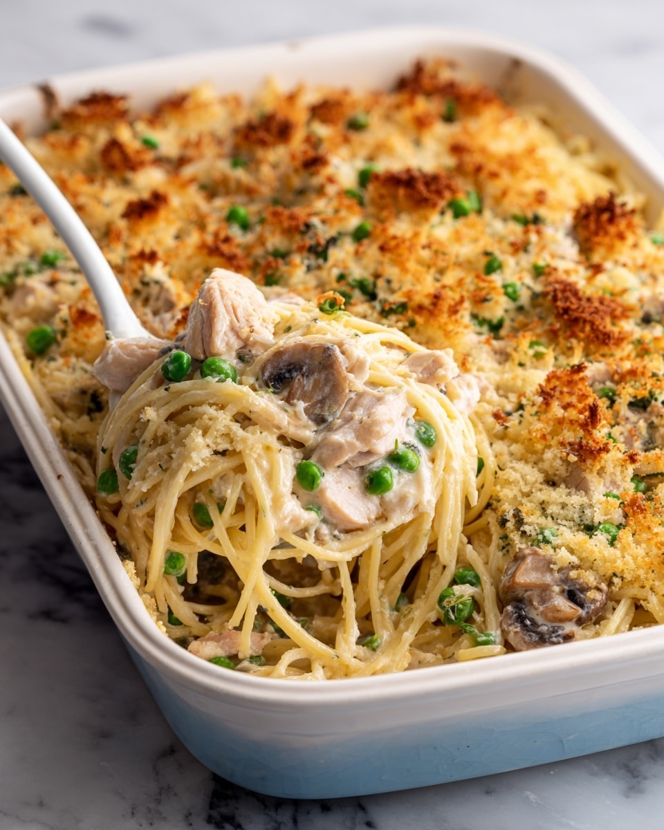 The image shows a close-up of a creamy pasta bake in a white casserole dish with a light blue edge. The dish has layers of long, pale yellow spaghetti mixed with green peas and slices of light brown mushrooms. There are pieces of lightly browned chicken scattered on top, covered in a creamy white sauce that coats the pasta and vegetables. The top layer has a golden toasted crumb topping with a slightly rough texture, giving a crunchy look. A white serving utensil is scooping out some of the pasta from the bottom right corner of the dish, all set on a white marbled surface. Photo taken with an iphone --ar 4:5 --v 7