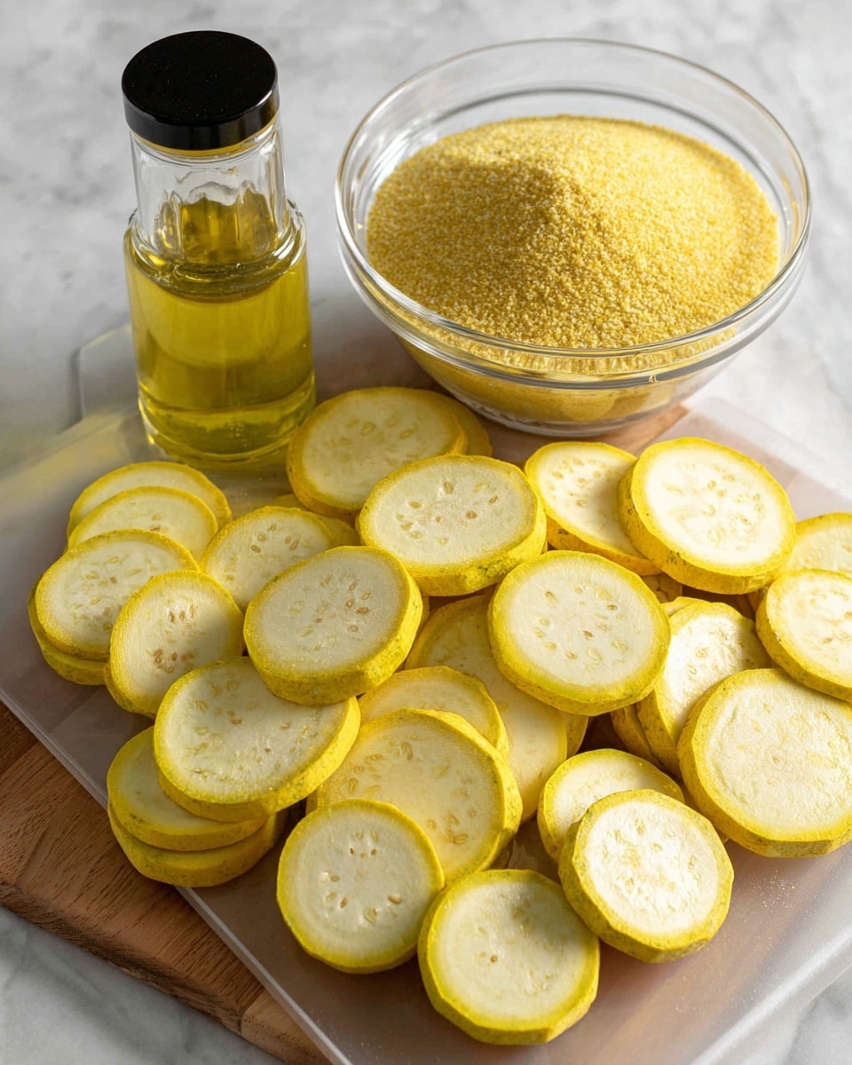 The image shows many thin yellow squash slices arranged in neat rows on a clear cutting board, each slice showing a pale yellow inside with visible seeds. To the right, there is a clear glass bowl filled with yellow cornmeal mix, and in front of it stands a small clear glass bottle with light yellow cooking oil and a black lid. All items are placed on a white marbled surface. photo taken with an iphone --ar 4:5 --v 7