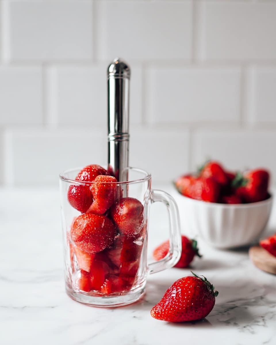The image shows a clear glass container with a handle, containing several bright red strawberry pieces at the bottom. Inside the container is a long, shiny, silver metal masher standing upright, slightly embedded among the strawberry pieces. The container is placed on a white marbled surface, with a small white bowl filled with whole red strawberries in the background to the right, and a few whole strawberries scattered on the surface around it. The background is a simple white tiled wall. photo taken with an iphone --ar 4:5 --v 7
