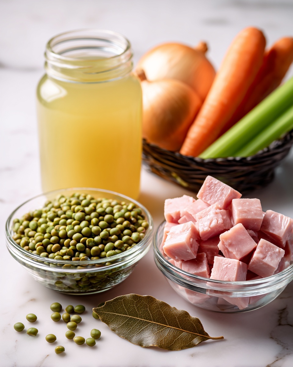 The image shows several cooking ingredients placed on a white marbled surface. At the front left, there is a clear glass bowl filled with green split peas, some peas spilled into the foreground near a single brown bay leaf. Behind this bowl, slightly to the left, stands a clear glass jar filled with light yellow broth. To the right of the peas, there is another clear glass bowl holding small, even cubes of pinkish ham with a slightly browned edge. In the background, a black basket holds three whole vegetables: a bright orange carrot, a shiny light brown onion, and a green celery stalk. The items are arranged neatly with soft natural lighting. Photo taken with an iphone --ar 4:5 --v 7