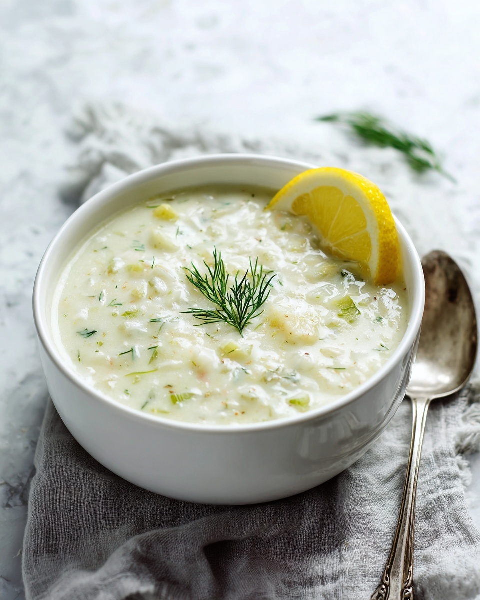 The image shows a white bowl filled with creamy soup that has a thick, slightly chunky texture with visible pieces of white and light green ingredients mixed throughout. A small green dill sprig is placed in the center on top of the soup, and a thin slice of lemon with its bright yellow peel and pale juicy inside rests slightly on the edge of the bowl. The bowl is set on a wrinkled light gray cloth, with an old silver spoon lying nearby on the right side. The background surface is white marbled texture photo taken with an iphone --ar 4:5 --v 7