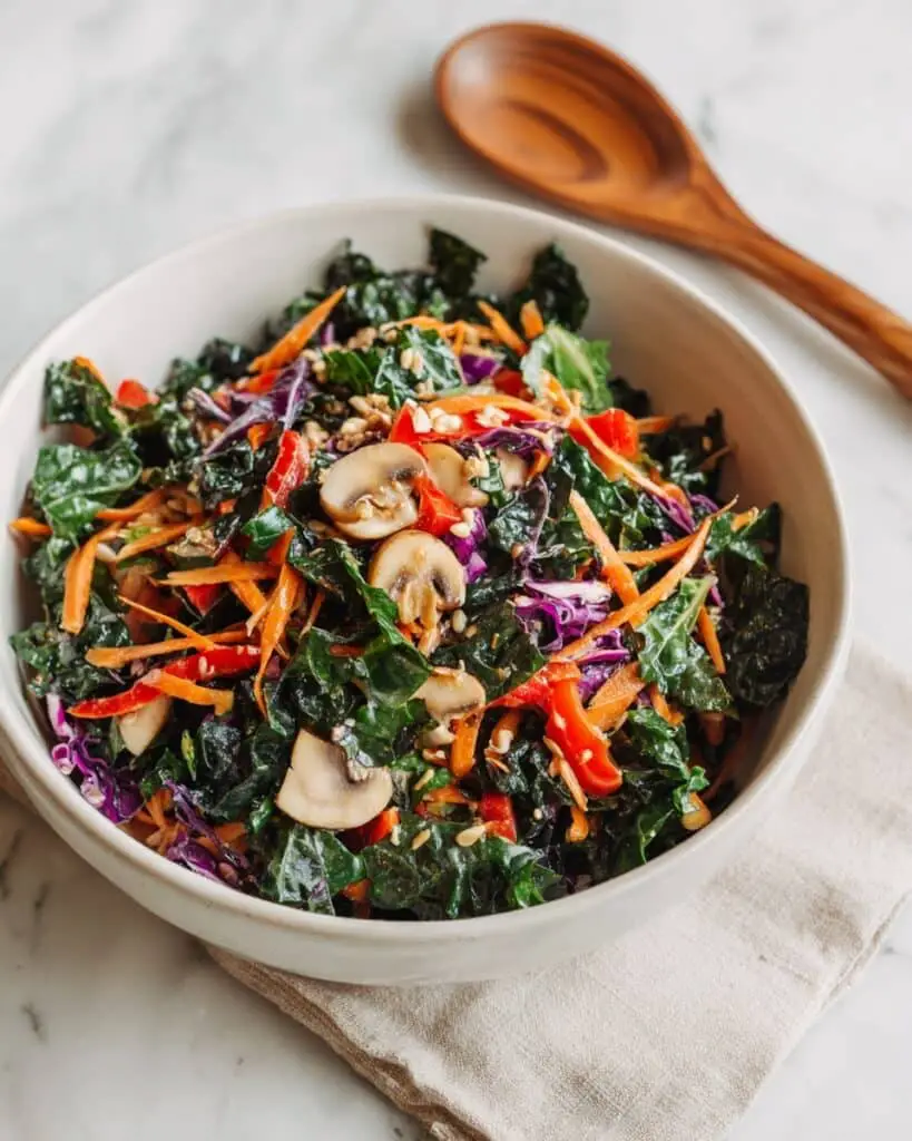 Kale Detox Salad with Roasted Brussels Sprouts and Marinated Mushrooms Recipe