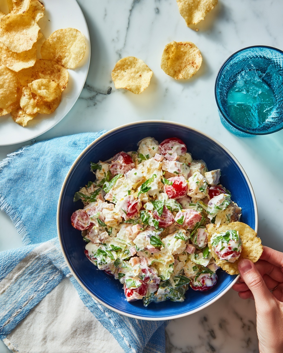 A white bowl with a deep blue inside is filled with a colorful salad made of small pieces of white cheese, red cherry tomatoes, green leafy herbs, and small bits of light pink ham, all mixed together with a creamy dressing. One large potato chip and some crushed chips are mixed in with the salad. Around the bowl on a light blue cloth with white stitched stripes are scattered potato chips; some chips are topped with small servings of the same salad. A woman’s hand is holding one of these topped chips near a clear glass of water and a textured blue glass on a clean white marbled surface. photo taken with an iphone --ar 4:5 --v 7