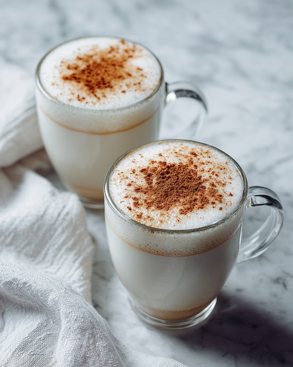 Two clear glass mugs filled with a white creamy liquid topped with a light sprinkle of brown spice powder, placed on a white marbled surface with a soft white cloth nearby, showing a smooth texture of the drink and the subtle froth on top, photo taken with an iphone --ar 4:5 --v 7