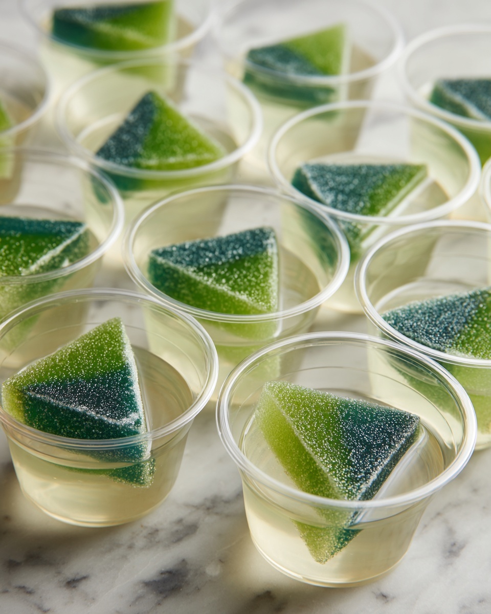 A white plate holds twelve small clear cups filled with light yellow jelly, each topped with a green and white striped wedge-shaped candy that looks like a lime slice. The cups are arranged closely together, and the background is a white marbled surface. The jelly is smooth and translucent, with the candy adding a textured, sugary contrast on top. photo taken with an iphone --ar 4:5 --v 7