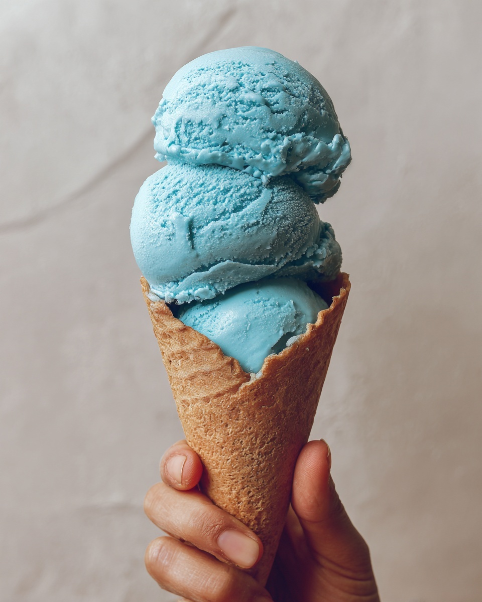 A woman's hand holds a light brown waffle ice cream cone with two scoops of bright blue ice cream stacked on top. The ice cream has a smooth, slightly textured surface with small swirls and peaks, showing a creamy and rich texture. The background is plain with a soft, neutral tone. photo taken with an iphone --ar 4:5 --v 7