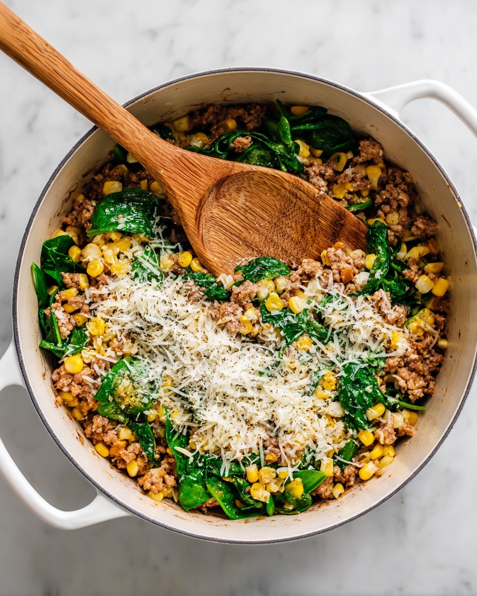 A white speckled bowl filled with a mix of small, pale yellow pasta pieces, bright yellow corn kernels, fresh dark green spinach leaves, and light brown small meat chunks, all combined and lightly sprinkled with shredded cheese and black pepper. A fork is partially placed inside the food, resting on the side of the bowl. The bowl sits on a white marbled surface next to a small brown dish filled with shredded cheese. photo taken with an iphone --ar 4:5 --v 7