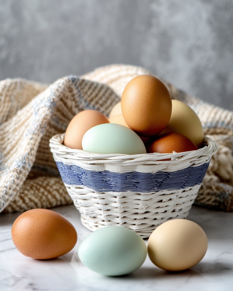 A white basket with blue stripes holds a pile of eggs in different colors, including light brown, pale green, and tan, stacked on top of each other. Around the basket, seven eggs lie scattered on a white marbled surface. A woven beige and blue cloth is placed in the background against a gray wall. The scene has soft natural light, showing smooth and matte egg shells. photo taken with an iphone --ar 4:5 --v 7