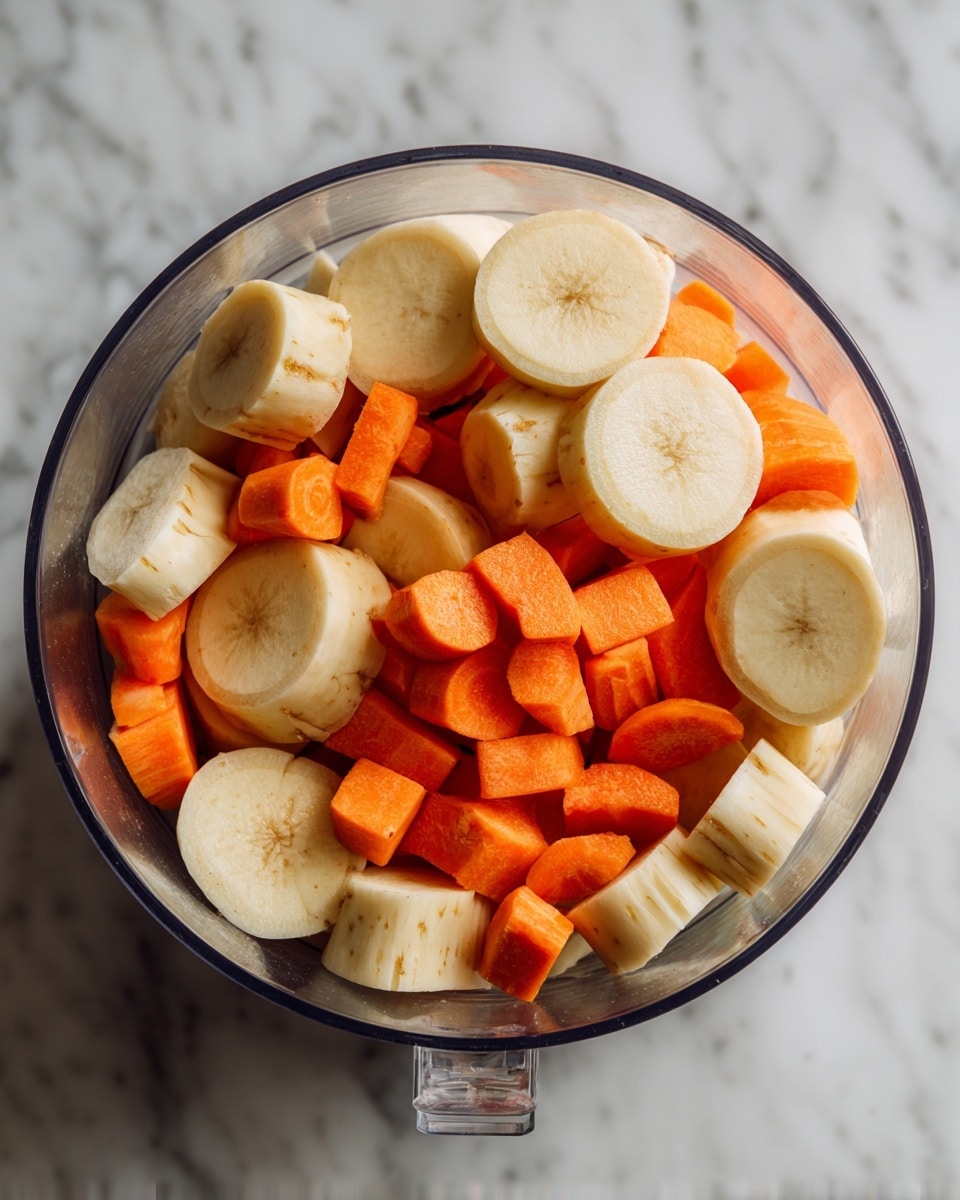 Inside a transparent food processor bowl, there are two layers of sliced vegetables. The bottom layer is formed by pale beige rounds of a root vegetable, likely parsnips, each slice smooth and slightly thick. Scattered on top are bright orange carrot pieces, cut into chunks with a slightly rough texture. The food processor bowl is placed on a white marbled surface. Photo taken with an iphone --ar 4:5 --v 7