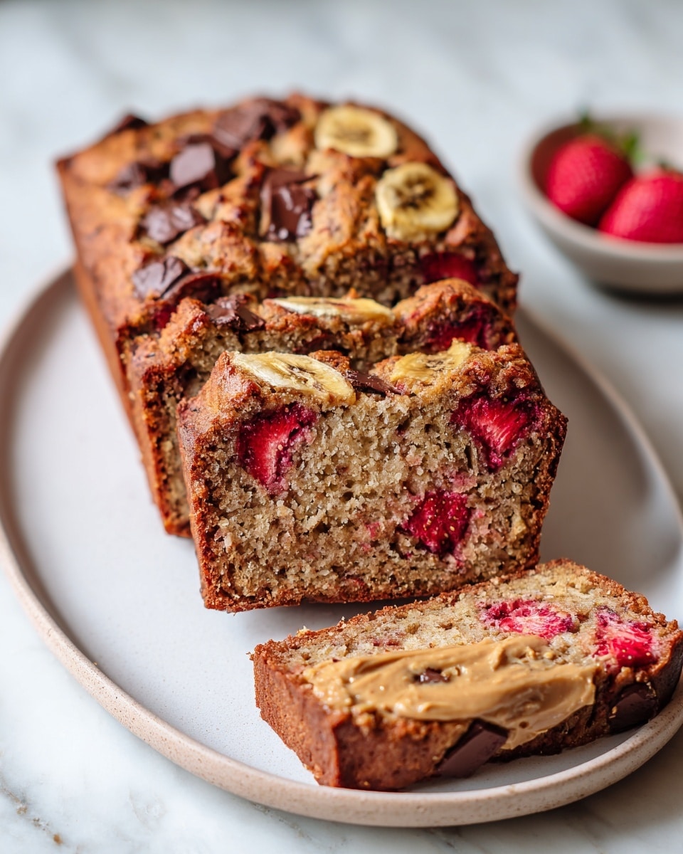 A loaf of banana bread with visible slices of banana and pieces of red strawberry mixed in, topped with melted chocolate chunks. The bread is sliced, showing three pieces arranged on a white plate sitting on a white marbled surface. One slice in the front is spread with a creamy almond butter layer, light brown with some texture. The overall color is golden brown with highlights of yellow from bananas and red from strawberries. Photo taken with an iphone --ar 4:5 --v 7