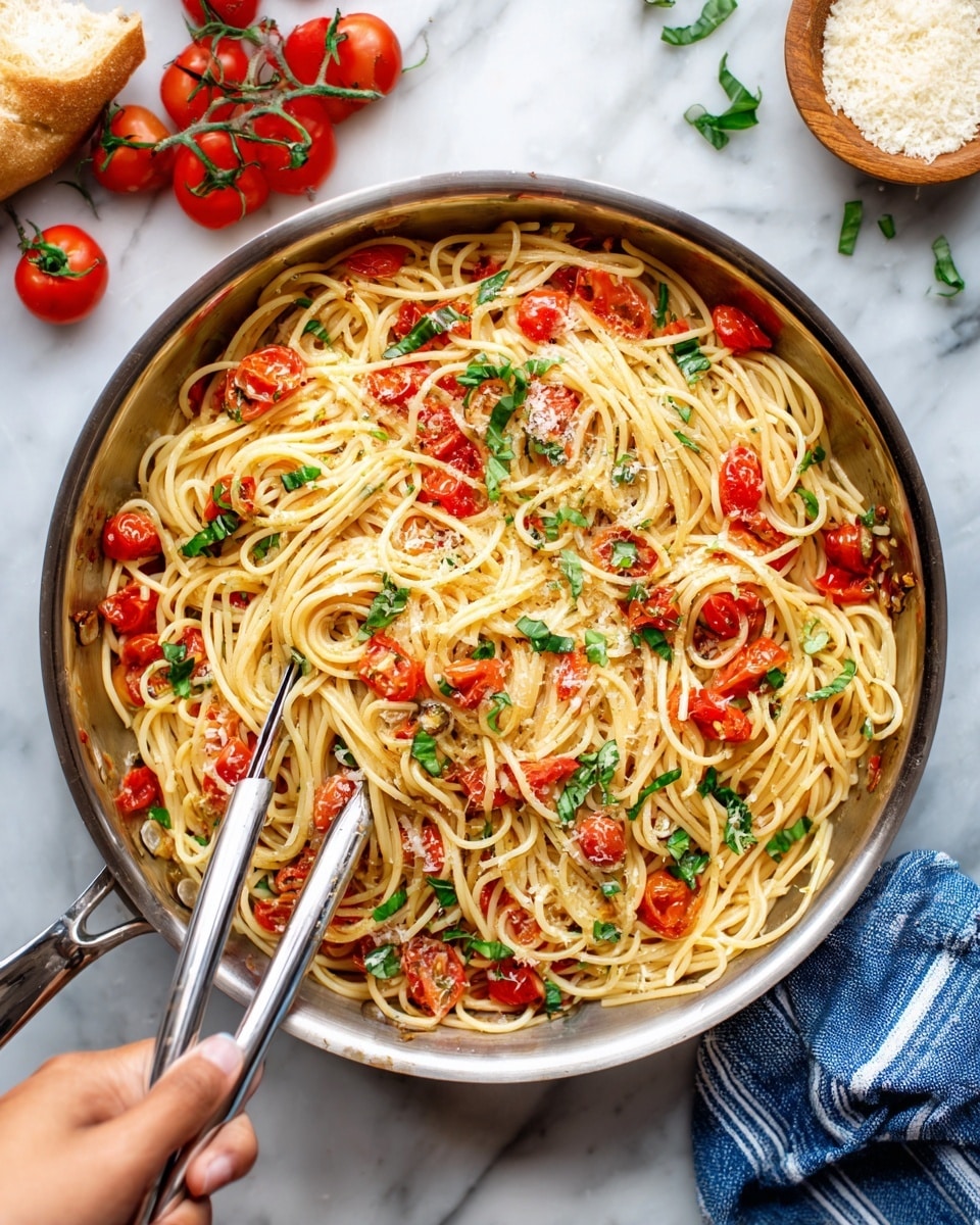 The image shows a shiny silver pan filled with long, light golden spaghetti noodles mixed with chunks of bright red tomatoes and scattered green basil leaves. The pasta looks soft and slightly oily with bits of grated cheese on top. Two silver tongs rest inside the pan, one held by a woman's hand, ready to serve. Around the pan, there are small bunches of fresh cherry tomatoes on their green stems, pieces of white bread, a small round wooden bowl with grated cheese, and a white marbled surface underneath all the items. A blue and white striped cloth is partially visible on the right side. photo taken with an iphone --ar 4:5 --v 7