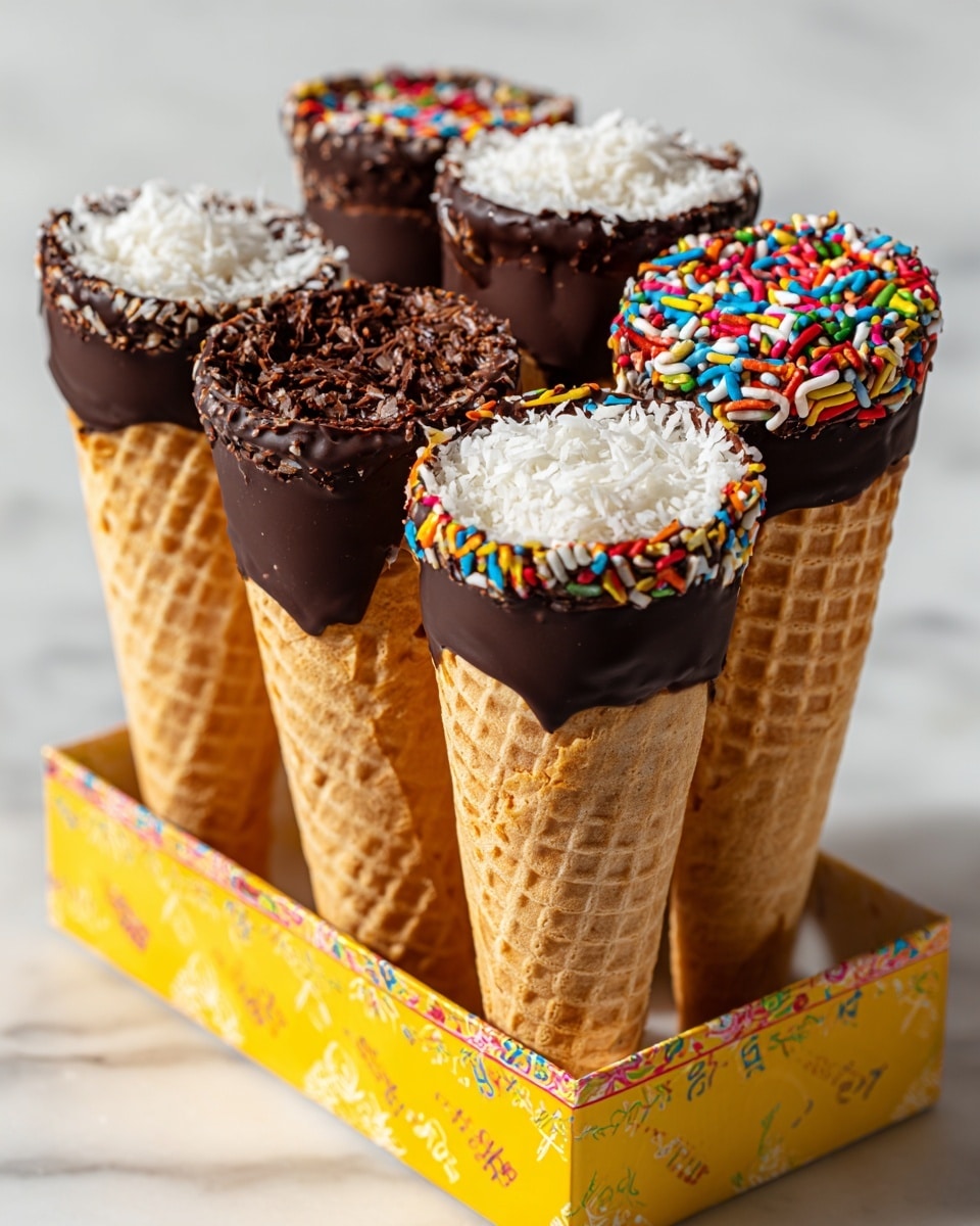 This image shows a group of waffle cones standing upright on a yellow box with colorful printing. Each cone has a thick rim dipped in dark chocolate, with some coated in shredded white and toasted coconut flakes, creating a textured, rough layer around the top. Others are covered in colorful sprinkles, making the rim bright and fun. The waffle cones have a warm light brown color with a classic grid pattern. The background and surface are white marbled texture, and the cones are closely arranged with a soft light highlighting their details clearly. photo taken with an iphone --ar 4:5 --v 7