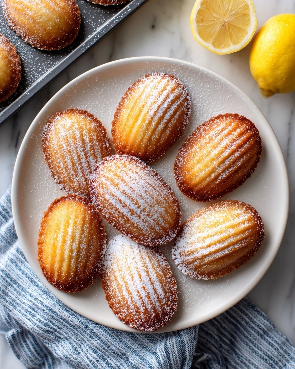 The image shows several small round cookies with a golden yellow color and a soft, slightly bumpy texture. They are dusted with white powdered sugar, which creates a light layer of fine powder on top. One cookie is broken in half and placed on top of another cookie in the center, showing a fluffy and moist interior with a spongy texture. The cookies rest on a black plate with a few white powdered sugar spots around them. In the background, part of a halved lemon with a pale yellow color is visible, adding a fresh touch. The surface beneath the plate is a white marbled texture. photo taken with an iphone --ar 4:5 --v 7