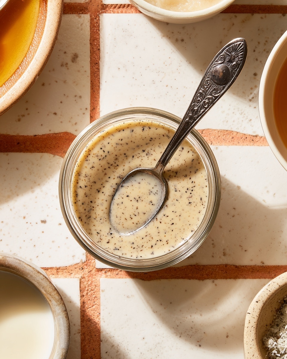 A small clear glass bowl filled with a light beige sauce that has small black specks evenly spread through it. Inside the bowl, there is a shiny silver spoon with a dark ornate handle resting diagonally on top of the sauce. The bowl is placed on a surface with a pattern of square tiles in white and warm tones of light orange and beige. Around the bowl, there are parts of other dishes and cups that have a white color, including a cup with a creamy liquid on the upper right and a smaller bowl with a white creamy mixture on the bottom left. The setting is bright with a soft natural light. Photo taken with an iphone --ar 4:5 --v 7
