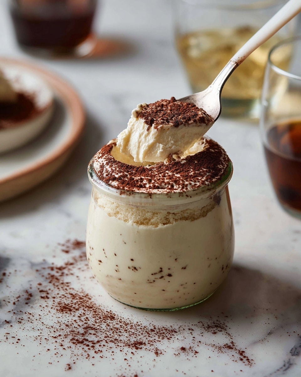 A clear glass jar holds a dessert with two layers: the bottom layer is pale cream with small specks showing a soft, pudding-like texture, and the top layer is a smooth, thick white cream dusted with a fine, dark brown powder evenly spread over the surface and around the rim of the jar. A white-handled spoon lifts a portion of the dessert, revealing the creaminess and speckled texture below the dusting. The jar sits on a white marbled surface with scattered dark brown powder around it, and blurred background elements show glasses with dark and light liquids. Photo taken with an iphone --ar 4:5 --v 7