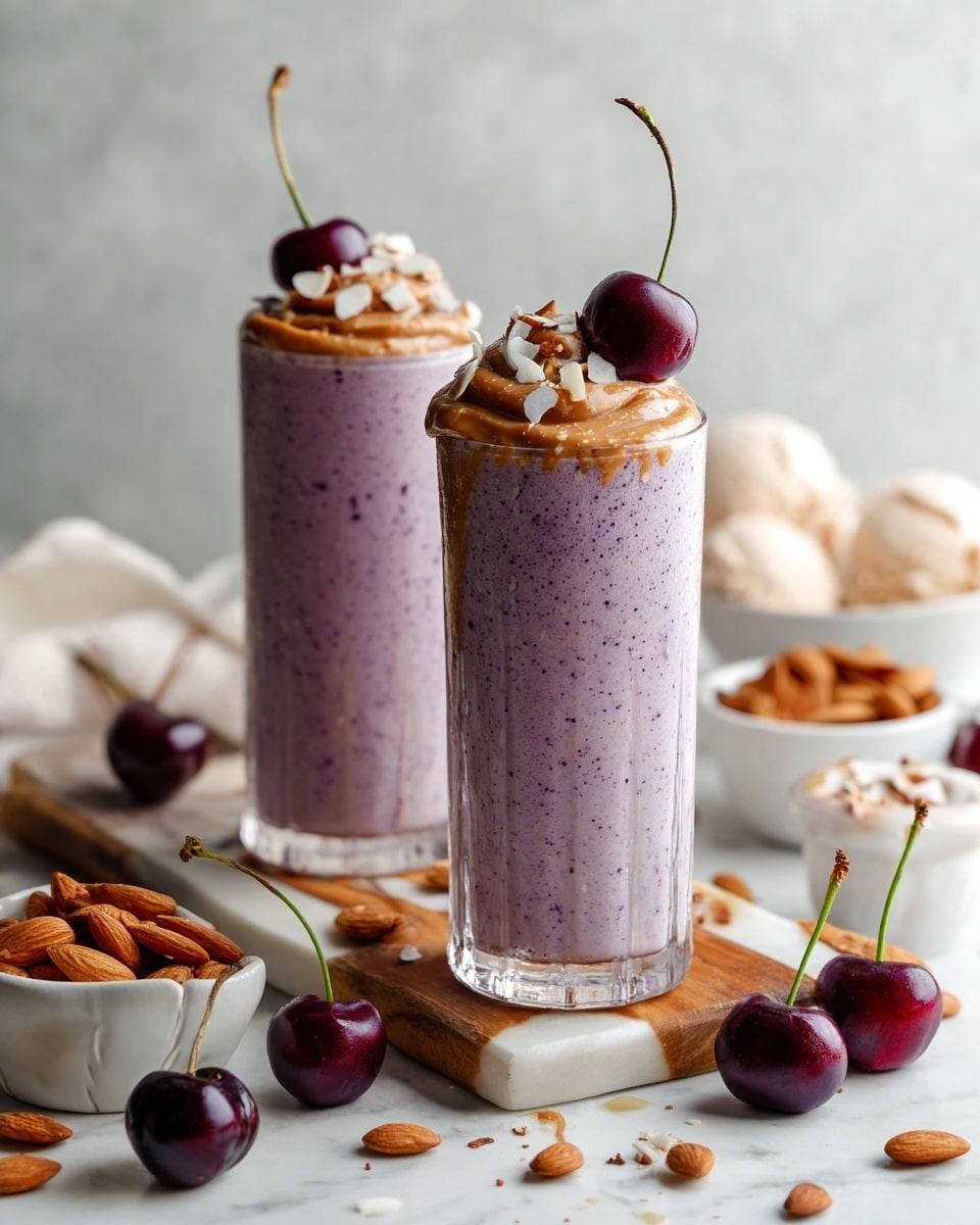 Two tall glasses filled with smooth, light purple smoothie, topped with a swirl of light brown almond butter, scattered white almond slices, and shiny dark red cherries with stems. The glasses are placed on a white marbled surface, with one glass set on a small wooden board. Surrounding the glasses are small white bowls filled with almonds, almond butter, and ice cream, along with loose almonds and cherries scattered around. The scene is softly lit, creating a fresh and inviting look. photo taken with an iphone --ar 4:5 --v 7
