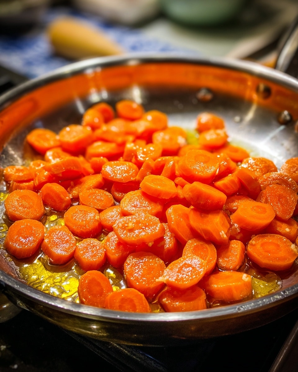 The image shows thin, small round slices of bright orange carrots sizzling in a shiny silver pan, spread out evenly with a light layer of oil giving a slight shine to the carrot pieces. The pan's reflective silver interior contrasts with the vibrant carrot color, and the blurred background gives a soft focus to the cooking scene. Photo taken with an iphone --ar 4:5 --v 7