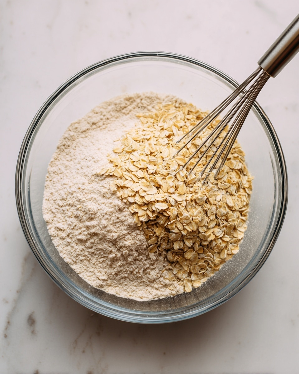 The image shows a clear glass bowl filled with two main layers of dry ingredients on a white marbled surface background. The bottom part of the bowl contains a smooth, fine light beige powder, and on top of this powder is a layer of rolled oats with a pale yellow color and rough texture, piled unevenly mostly on one side. A metal whisk with thin wires is placed inside the bowl, leaning diagonally across the oats and powder. The overall scene is well-lit with soft natural light. photo taken with an iphone --ar 4:5 --v 7