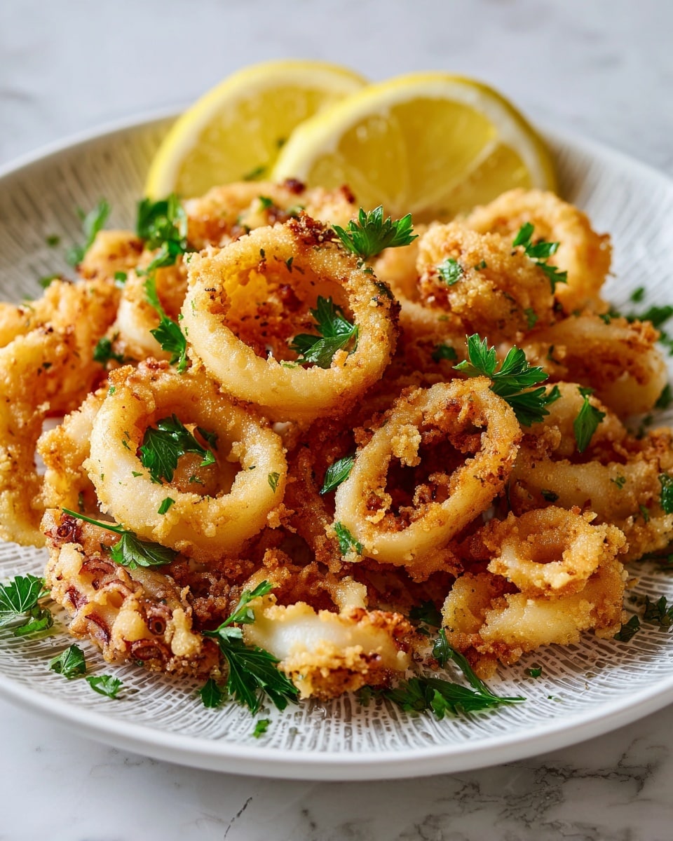 A white plate holds a pile of golden-brown fried calamari rings and tentacles, each piece showing a crunchy, bumpy texture with some darker fried edges. Scattered fresh green parsley leaves add small bright pops of color on top and around the calamari. At the top of the plate, two lemon wedges with bright yellow rinds and juicy pale yellow interiors rest against the calamari. The plate has a subtle gray pattern, and the background is a white marbled surface. photo taken with an iphone --ar 4:5 --v 7