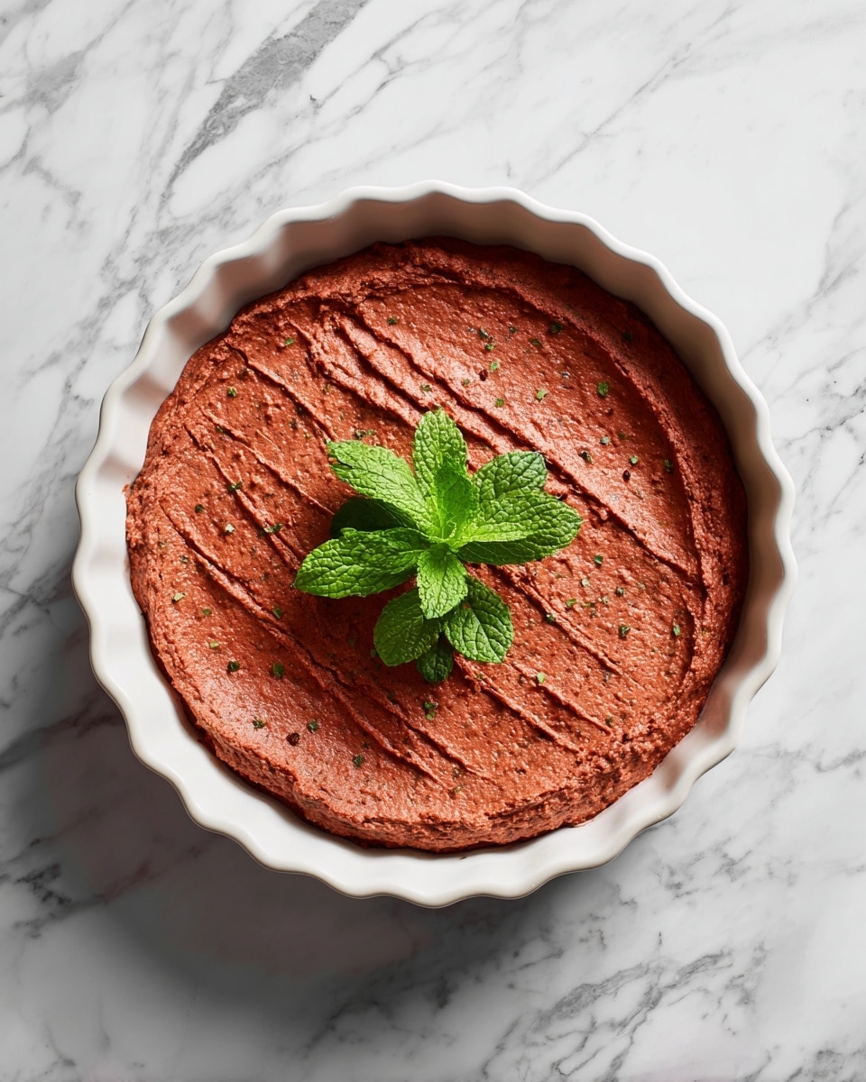A single round layer of reddish-brown smooth paste with small visible bits of herbs and spices is spread evenly in a white round baking dish with ridged edges; the top surface is marked with diagonal lines crossing each other to form four sections, and a small bunch of fresh green mint leaves sits in the middle as garnish. The dish is placed on a white marbled surface. Photo taken with an iphone --ar 4:5 --v 7