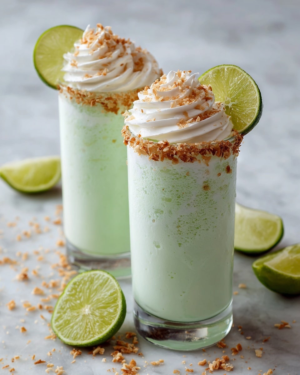 Two tall clear glasses filled with a light green creamy drink placed on a white marbled surface. Each glass has a crumbly light brown rim and is topped with a swirl of white whipped cream sprinkled with toasted coconut flakes. A fresh lime slice with green skin and translucent light green flesh is tucked into the whipped cream on each glass. Scattered lime wedges and crushed crumbs surround the glasses, creating a casual and fresh look. Photo taken with an iphone --ar 4:5 --v 7