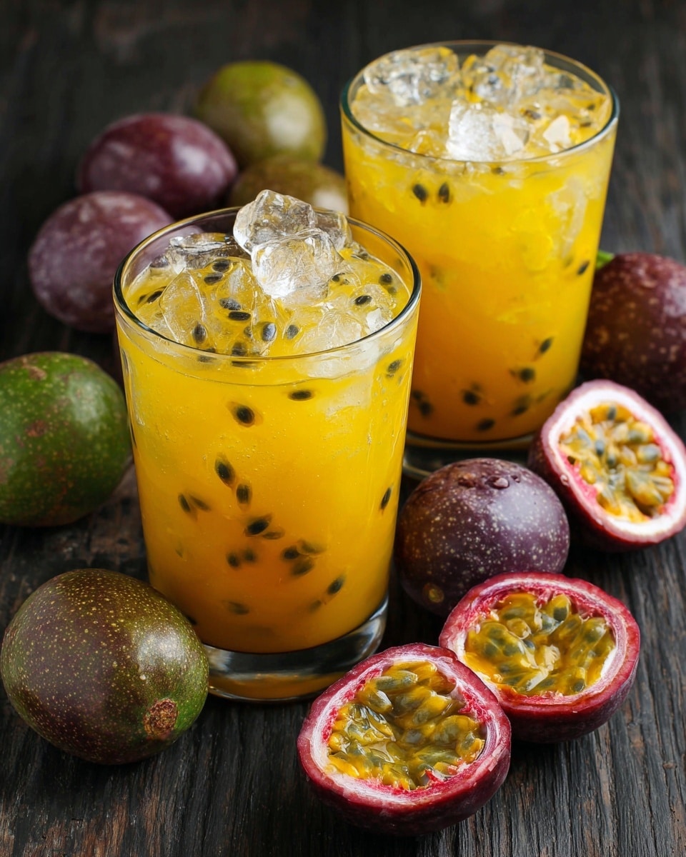 Two glasses filled with a bright yellow-orange liquid topped with ice cubes and black passion fruit seeds are placed on a dark wooden surface. Around them are four whole passion fruits with rough skins in green, purple, and brown shades, and two passion fruit halves showing their juicy, seed-filled interiors with a yellow pulp and red edges. The image is seen from above, focusing on the contrast between the bright drink and the natural fruits photo taken with an iphone --ar 4:5 --v 7