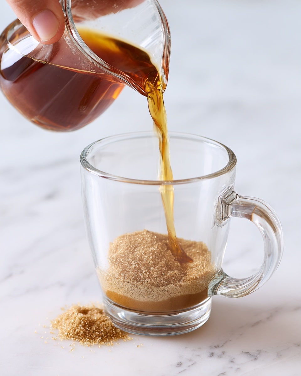 A clear glass mug sits on a white marbled surface, with a small pile of light brown sugar settled at the bottom as the first layer. A woman's hand is holding a small glass pitcher close above the mug, pouring a warm amber-brown liquid that flows in a steady stream onto the sugar, hinting at the start of a rich drink being made. The glass mug is simple and transparent, showing the contrast between the light brown sugar and the darker liquid as it mixes. The whole scene is bright and clean, with a focus on the clear textures and warm colors of the ingredients photo taken with an iphone --ar 4:5 --v 7