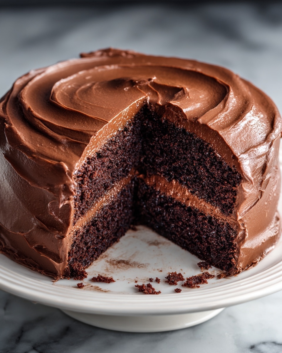 A two-layer chocolate cake covered in smooth, thick chocolate frosting sits on a white plate with a raised edge. The cake layers are dark and moist, separated by a thick layer of creamy chocolate frosting that is also spread evenly on top and around the sides. A large slice is missing, showing the rich, dense texture of the cake and the soft, creamy frosting inside. The background is dark brown, and the plate is on a white marbled surface. photo taken with an iphone --ar 4:5 --v 7