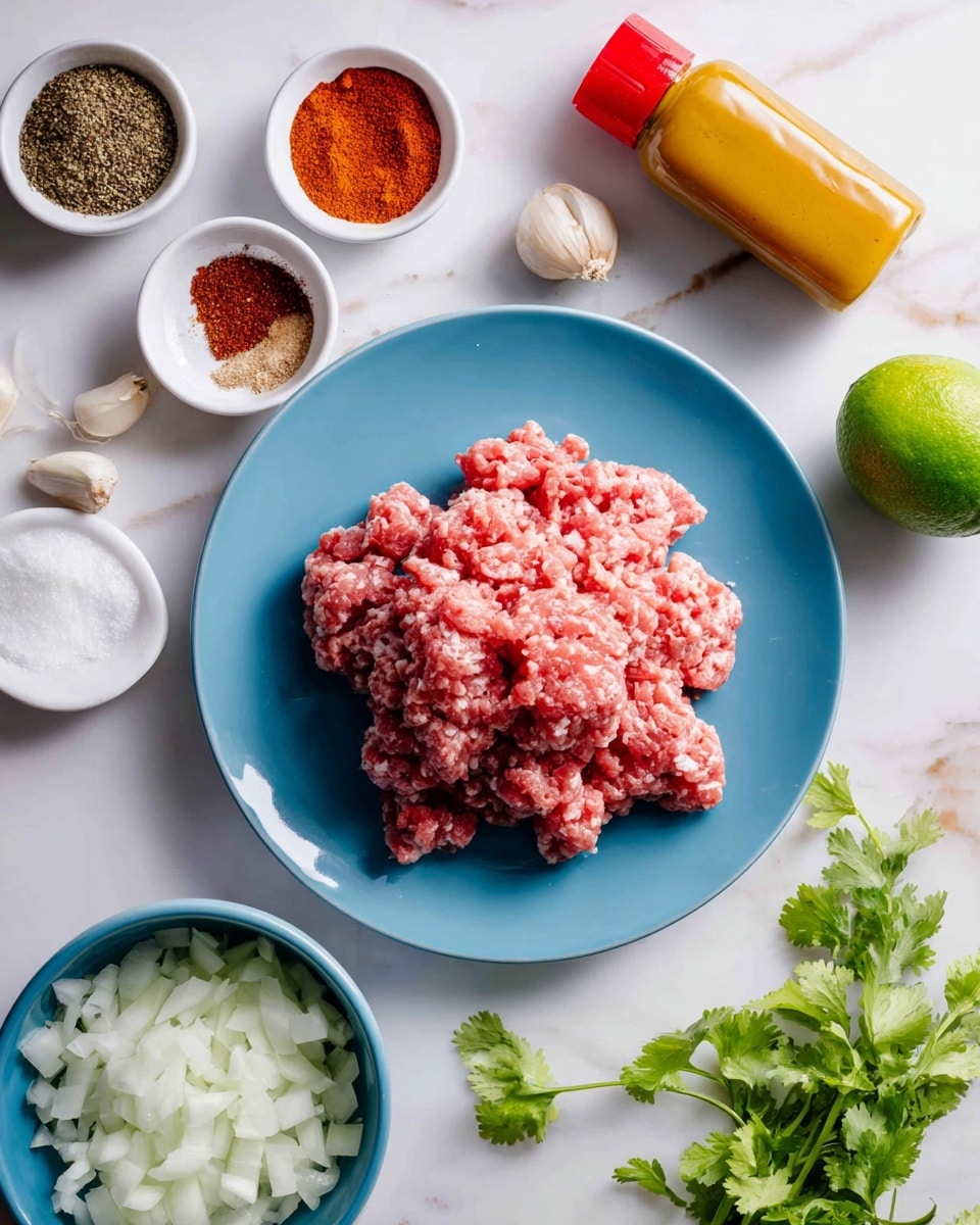 The image shows a blue plate in the center with clumps of raw ground meat in shades of pink and red, placed on a white marbled surface. To the left, there is a white bowl with various spices in separate sections, showing bright red, brown, white, and green colors. A tube of yellow tomato paste with a red cap lies above the plate, and a whole bright green lime rests near the upper right. At the bottom left, a blue bowl contains chopped white onions with small pieces of garlic. A small sprig of fresh green cilantro sits at the lower right corner. The setting is clean and bright, with a clear focus on the raw ingredients. photo taken with an iphone --ar 4:5 --v 7