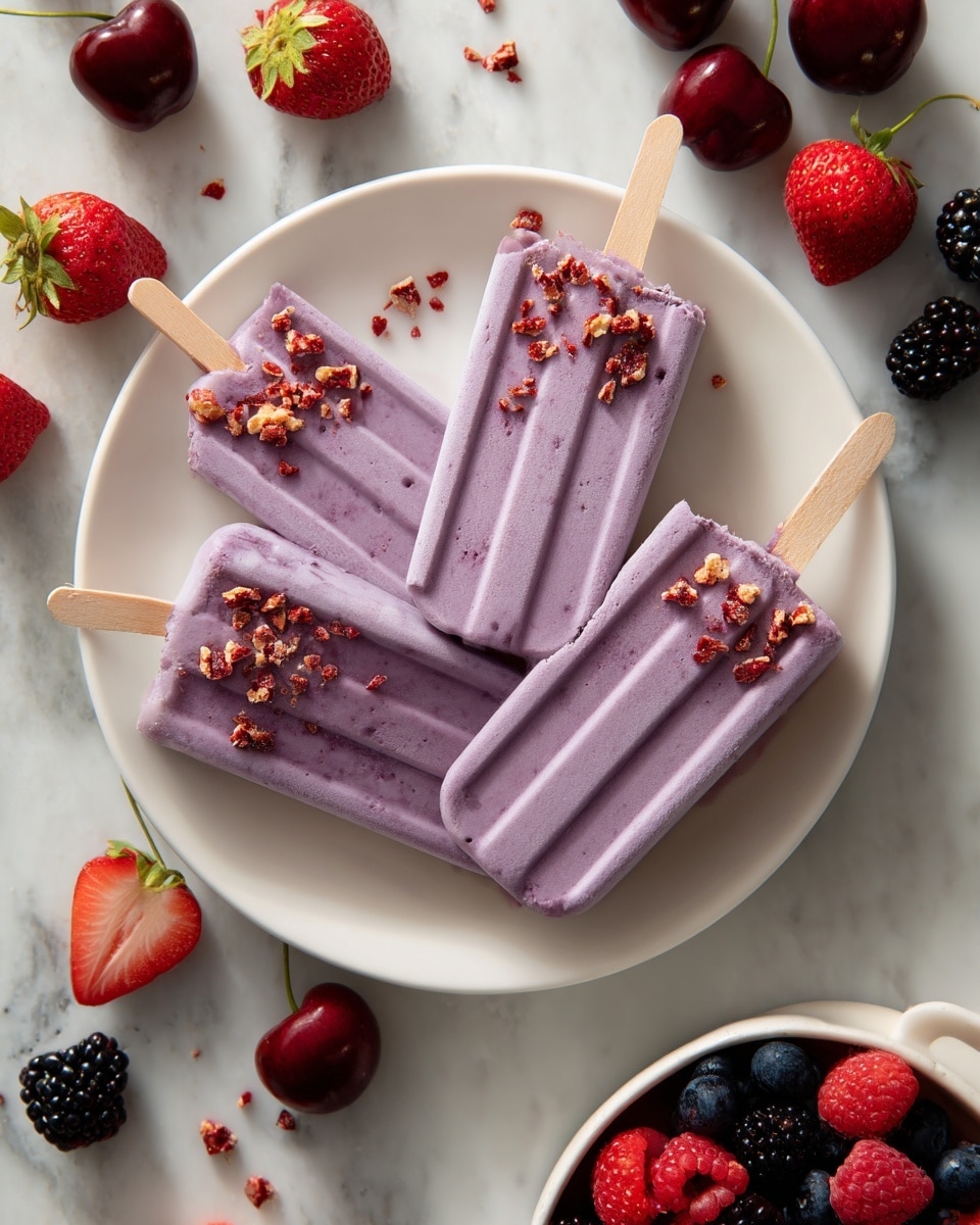 Three purple berry popsicles with wooden sticks lie on a white plate. Each popsicle has three vertical ridges, and they are topped with small red and brown crunchy bits. Around the plate, there are fresh red cherries, blackberries, strawberries, and raspberries scattered over a white marbled surface. A small white bowl filled with mixed berries is also visible at the bottom right corner of the image. photo taken with an iphone --ar 4:5 --v 7