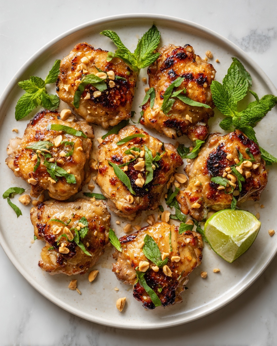 A white round plate holds eight pieces of golden-brown grilled chicken thighs arranged in a rough circle, each piece showing char marks and a slightly shiny texture from glaze or sauce. Scattered on top of the chicken are small chopped peanuts, and fresh green herb leaves, including mint and basil, adding splashes of color. A wedge of lime, light green and fresh looking, is placed near the edge of the plate. The plate is set on a white marbled surface with soft natural light highlighting the textures and colors of the dish, photo taken with an iphone --ar 4:5 --v 7