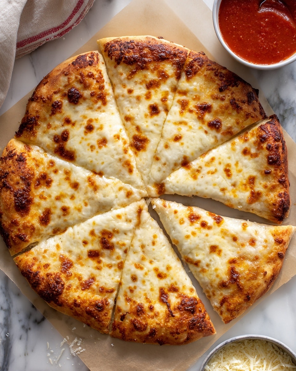 The image shows a round cheese pizza sliced into 14 pieces on parchment paper. The pizza crust is golden brown with some darker toasted spots, and the top layer is melted cheese that is creamy white with light brown, bubbly, and slightly crispy patches. There is a bowl of red tomato sauce in the top right corner and a small bowl of grated cheese in the bottom right corner. The background surface has a white marbled texture. photo taken with an iphone --ar 4:5 --v 7