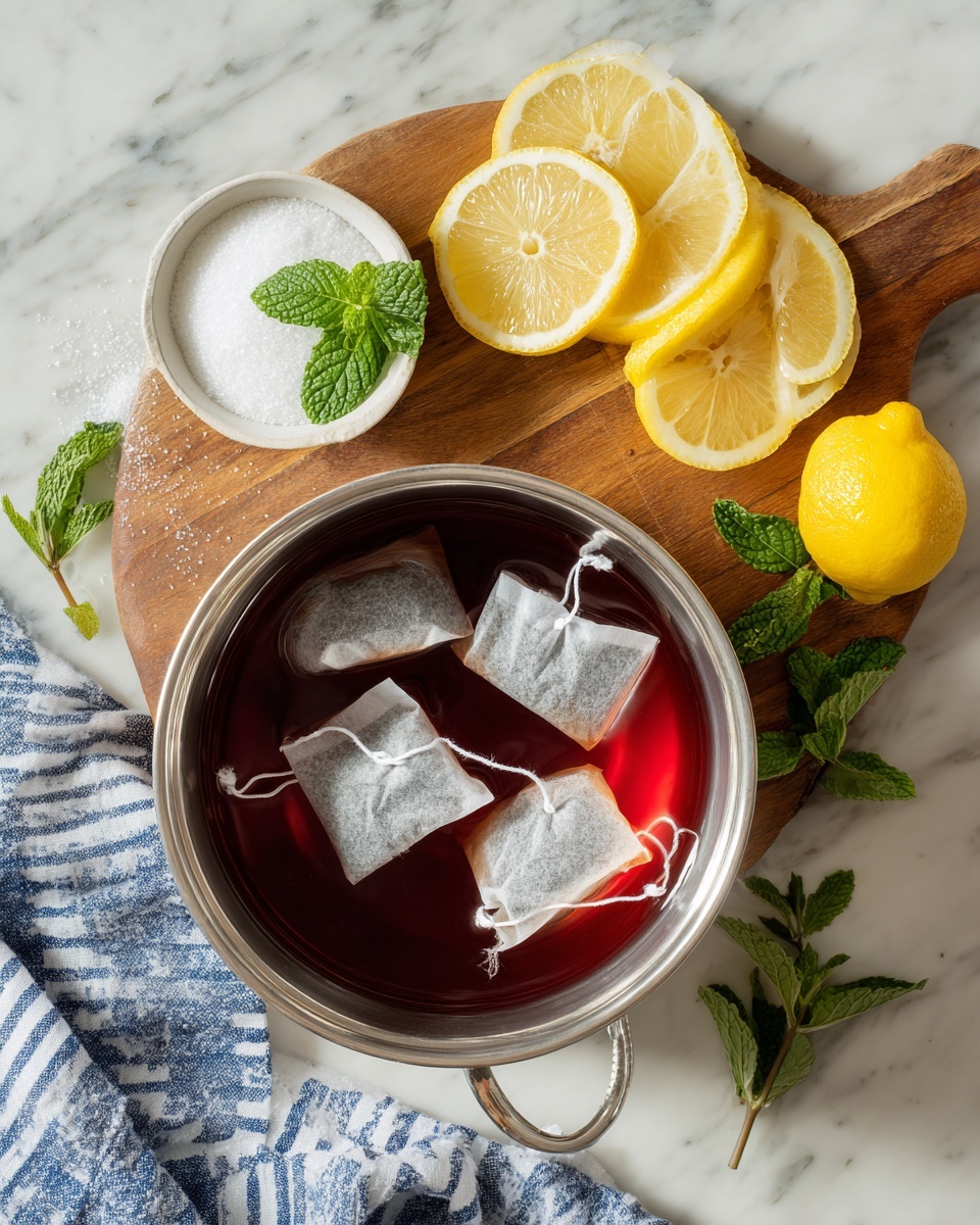 A shiny silver pot filled with dark red tea sits on a white marbled surface, with five tea bags steeping inside, their white paper tags hanging over the edge. Above the pot, a round wooden board holds a white bowl filled with granulated white sugar, several bright yellow lemon slices, and fresh green mint leaves. A blue and white striped cloth is partly visible beneath the pot on the marbled surface. photo taken with an iphone --ar 4:5 --v 7