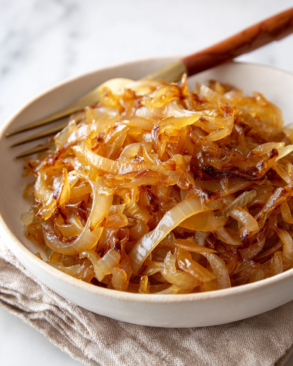 A close-up of a white bowl filled with caramelized onions, showing layers of soft, translucent, golden-brown onion strips with a shiny, slightly sticky texture. The onions are piled high, with some edges curling delicately. A fork with a wooden handle is placed inside the bowl, partially covered by the onions. The bowl sits on a light beige cloth, all set against a white marbled background. photo taken with an iphone --ar 4:5 --v 7