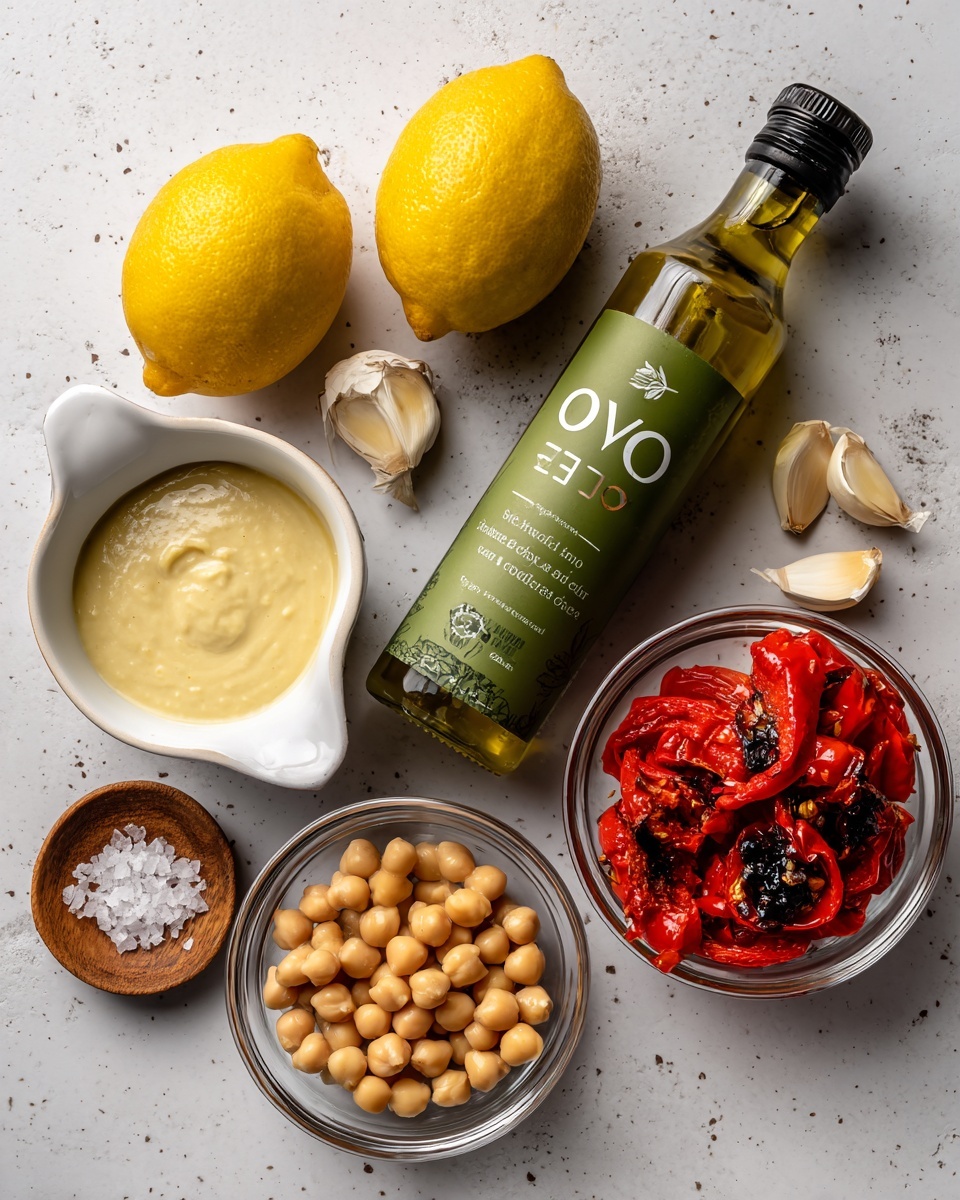 The image shows ingredients arranged neatly on a white marbled surface. There are two whole yellow lemons, one of which is cut in half, placed on the top left. Next to them, there is a green bottle labeled