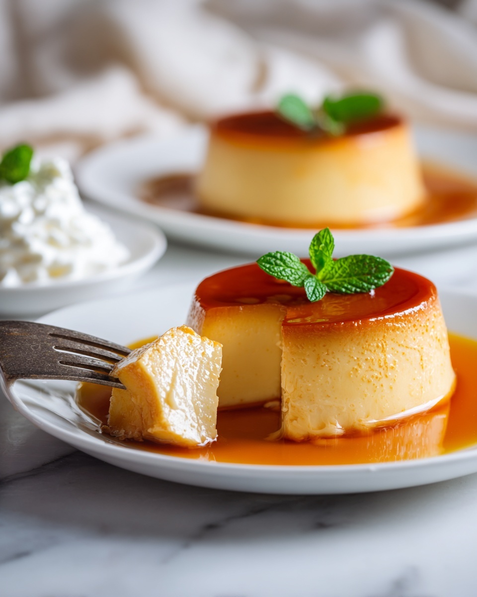 The image shows a white plate with a caramel flan dessert that has a smooth, shiny caramel layer on the top, which is deep golden brown in color. The flan itself is light creamy beige, thick, and has a soft jelly-like texture with rounded edges. Around the flan is a pool of caramel sauce that is a glossy amber brown. On top of the flan rests a small green mint leaf for decoration. In the foreground, a piece of the flan is held up on a fork, showing its creamy inside and caramel outer layer. The flan is placed on a white marbled surface. In the background, there is another white plate with more of the dessert and a dollop of whipped cream off to the side, with a soft focus creating a cozy feel. photo taken with an iphone --ar 4:5 --v 7