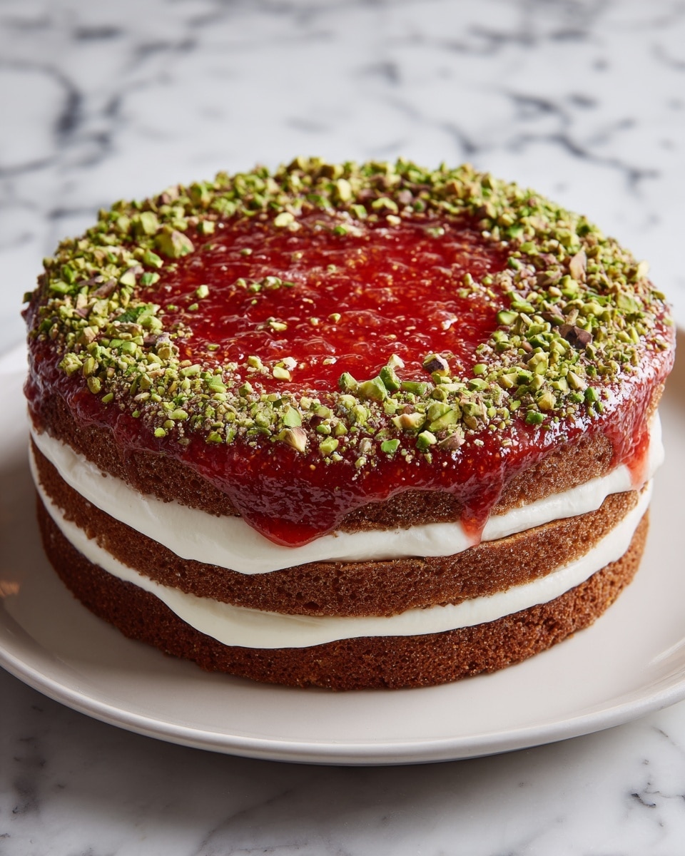 A two-layer brown cake with a smooth white cream layer between the layers and on the top, topped with a bright red, slightly textured fruit glaze that spreads evenly across the top surface and surrounded by crushed green pistachio nuts on the outer edge. The cake rests on a white plate placed on a white marbled surface. photo taken with an iphone --ar 4:5 --v 7