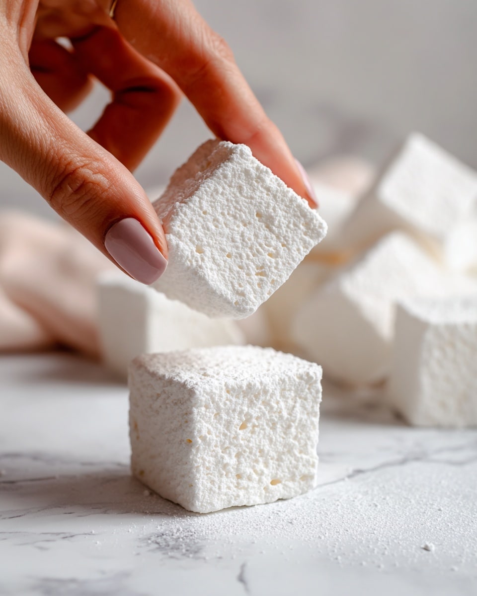 A close-up shot shows a woman's hand gently holding a single white marshmallow cube. The marshmallow has a soft, porous texture with tiny air holes scattered across its surface. The fingers have some white powder clinging to them, matching the powder dusted on the marshmallow edges. The background is softly blurred with more white marshmallows visible, all set on a white marbled surface. Photo taken with an iphone --ar 4:5 --v 7