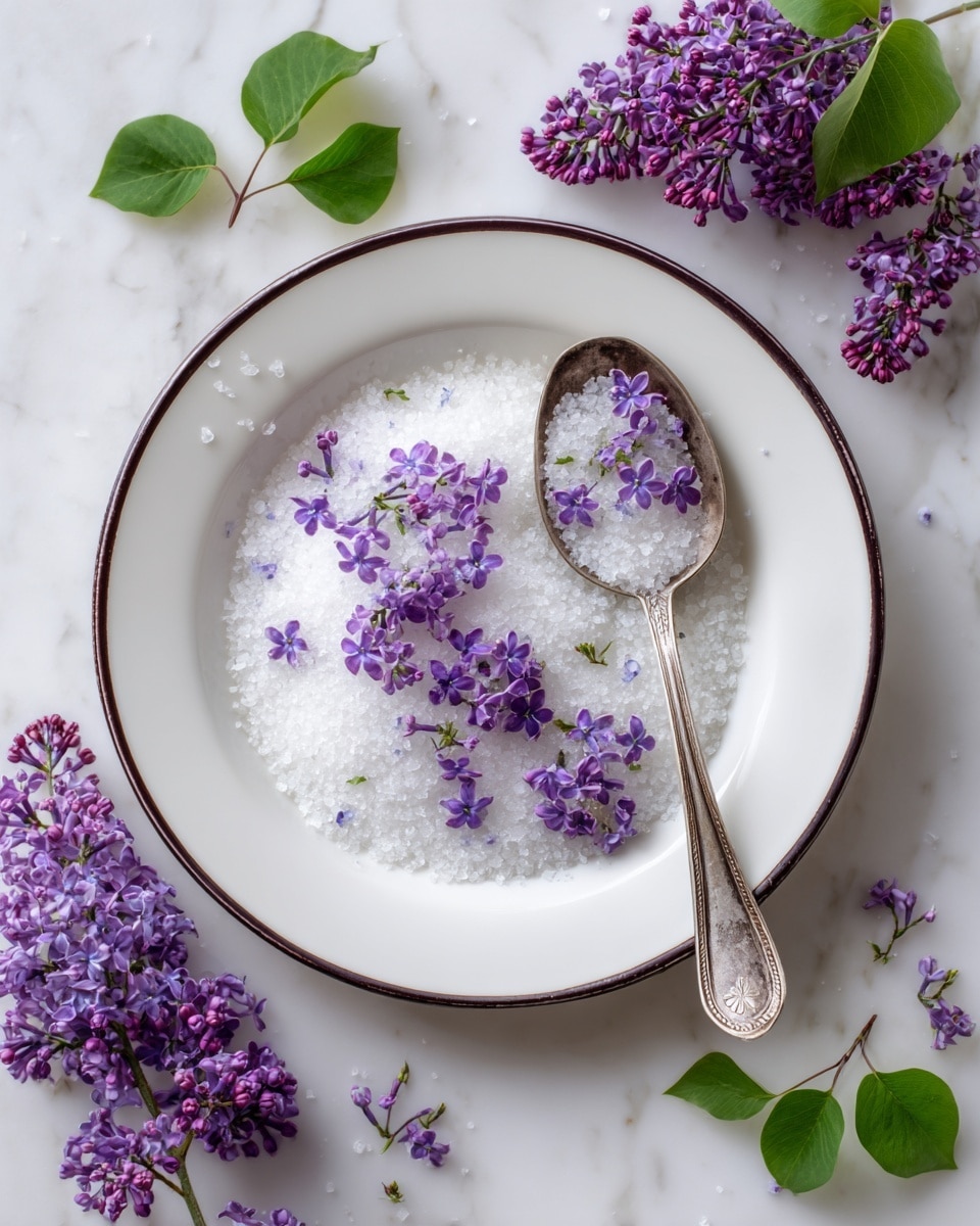 A white plate with a dark brown rim is filled with a layer of white granulated sugar, topped evenly with small purple lilac flowers. A vintage silver spoon rests on the right side of the plate, holding some sugar and flowers. The plate sits on a white marbled surface, and around it are few green leaves and sprigs of purple lilac flowers. photo taken with an iphone --ar 4:5 --v 7