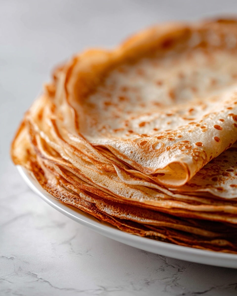 A stack of thin, brown crepes is shown on a white plate with about 10 layers. The crepes have a soft, smooth texture with some areas showing small, round bubbles and slightly darker, toasted spots. One crepe on top is folded over, revealing the light inner side and adding a layer of depth. The plate sits on a white marbled surface that adds brightness to the image. photo taken with an iphone --ar 4:5 --v 7