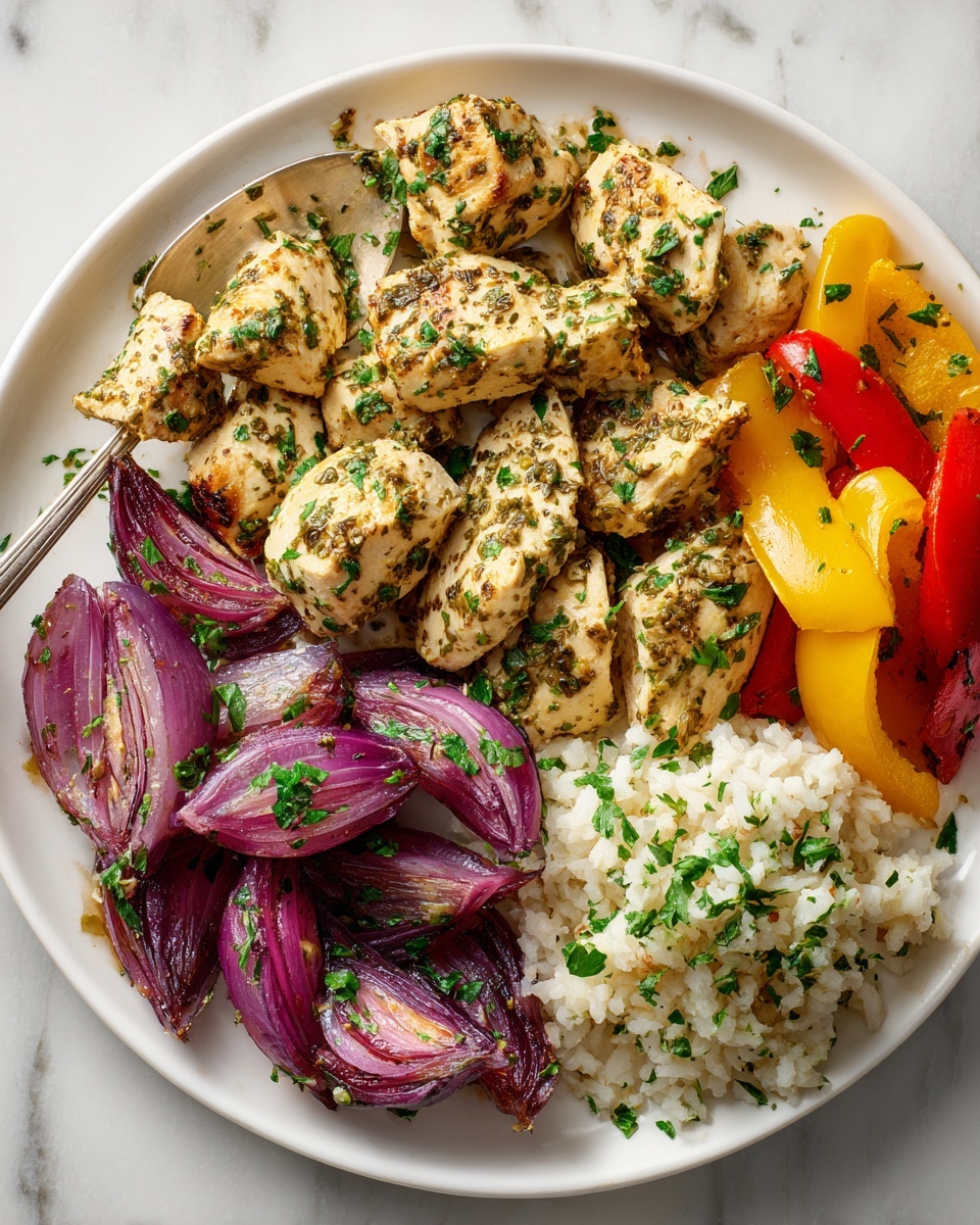 A white plate sits on a white marbled surface, filled with three main sections. On the left, there are cooked pieces of light brown chicken seasoned with herbs and scattered with chopped green parsley. Below the chicken are roasted purple onions, cut into wedges with a glossy, slightly charred look and sprinkled with green herbs. To the right of the chicken, there are bright yellow and red slices of cooked bell peppers, also garnished with chopped parsley, giving a fresh green contrast. On the far right, there is a small mound of white rice mixed lightly with green herbs. A white spoon is partially visible under the chicken and onions. photo taken with an iphone --ar 4:5 --v 7