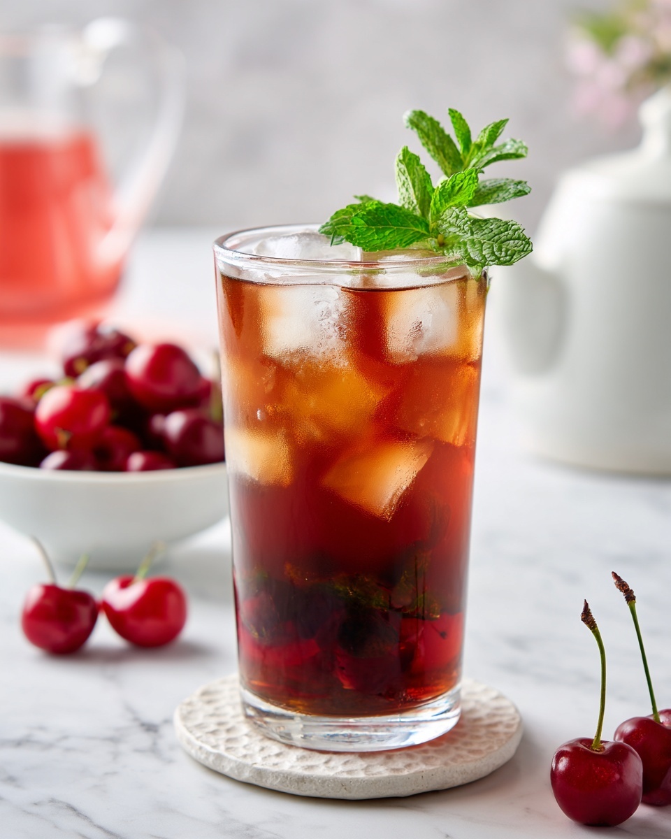 A clear glass filled with a dark reddish-brown liquid, layered with translucent ice cubes on top, creating a cool and refreshing look. The drink is garnished with fresh green mint leaves standing upright from the right side of the glass. The bottom part of the drink hints at darker cherry pieces submerged inside. The glass sits on a white, textured coaster against a white marbled surface. In the background, slightly blurred, is a small white bowl filled with bright red cherries and a glass jug containing a pinkish-red drink. There are two tea bags in clear wrapping placed on the left side of the glass and two loose cherries on the right. photo taken with an iphone --ar 4:5 --v 7